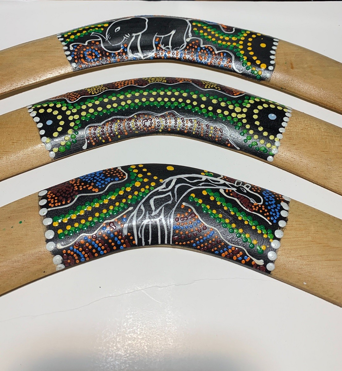 Scratch & Dent Set of Three Aboriginal Dot Painted Boomerangs gallery