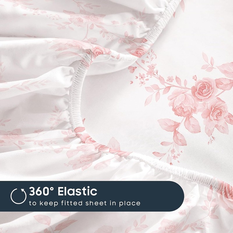 Wake In Cloud - Floral Bed Sheets, 4-Piece Sheet Set, Flower Shabby Chic Rose Pa gallery