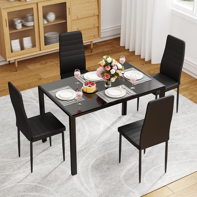 Dining Table Set for 4 | 5-Piece Glass Black Dining Table | Kitchen Table wit... gallery