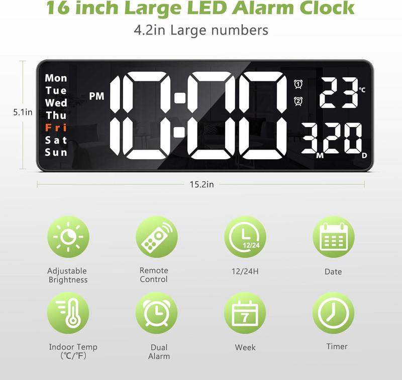Digital Clock, LED Wall Clock with 16" Large Display, Desktop Clock with Remote gallery