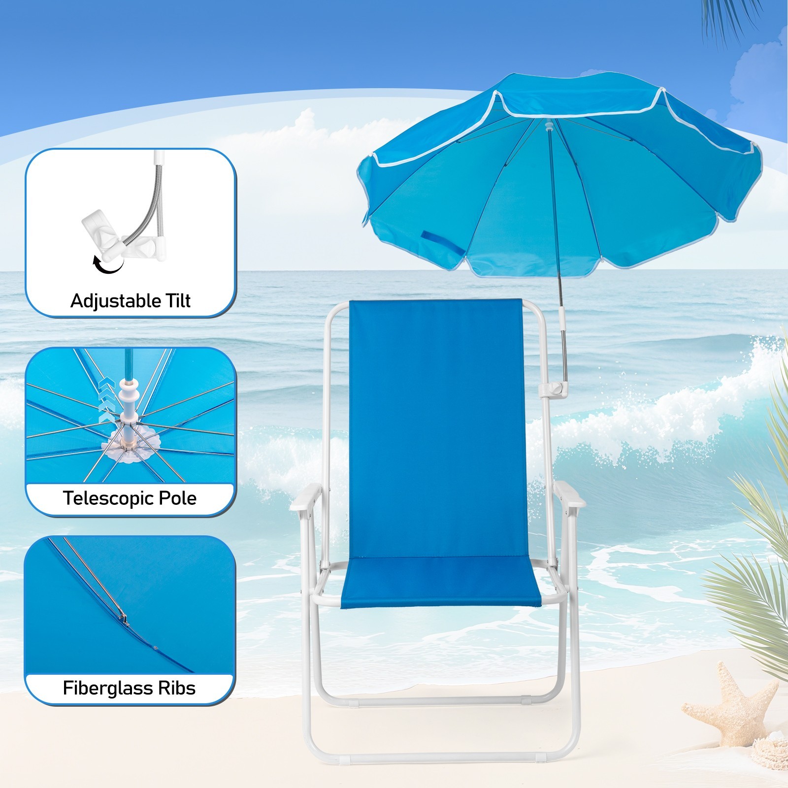 1PCS Beach Chair w/ Umbrella Support Bar Oxford Cloth Single Position Adjustable gallery