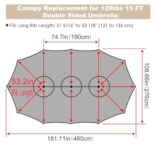 12 Ribs Umbrella Canopy Replacement for 15ft Double-Sided Patio Burgundy gallery