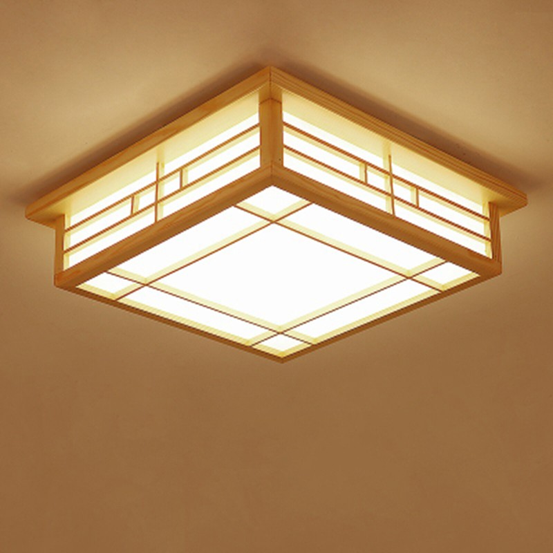 Wood Square Tatami Ceiling Light LED Chinese Japanese Grid Lamp Fixture w/Remote gallery
