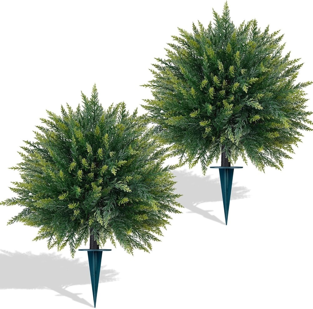 *NEW* 2PCS Artificial Cedar Topiary Ball Trees 23" for Outdoors w/ Ground Spike