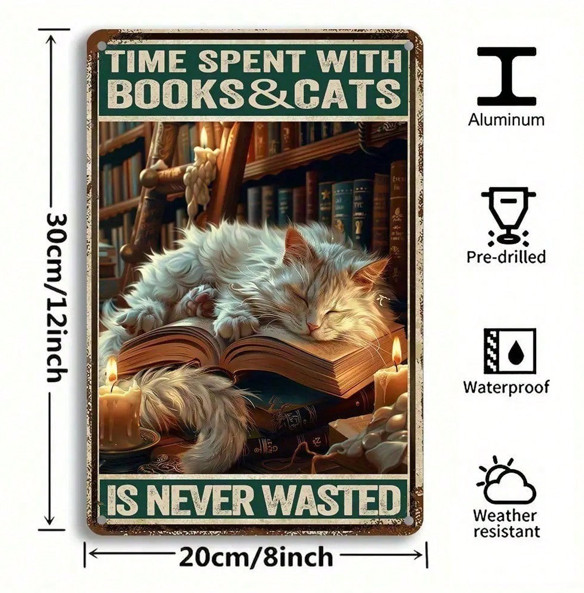 Vintage "Time Spent With Books & Cats" Tin Sign for Library home Decor gallery