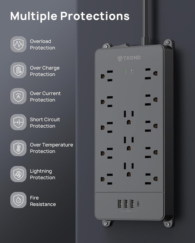 Surge Protector Power Strip, 13 Outlets, USB-C, 10FT Cord, 4000J, Black gallery