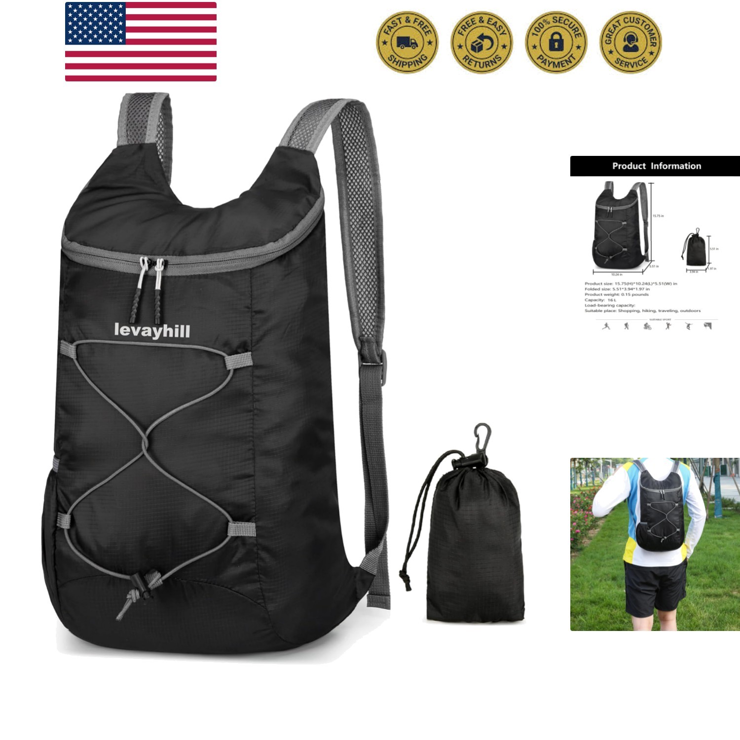 16L Lightweight Foldable Hiking-Backpack Small Packable-Daypack For Travel,Ul...