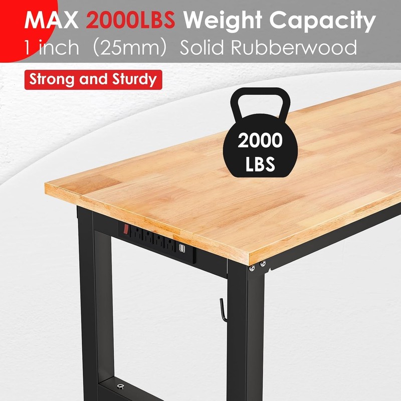 48" Adjustable Work Bench with Power Outlet,Rubber Wood Top Work Table,2000 LBS gallery