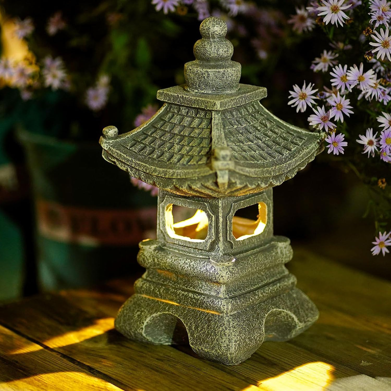 Solar Pagoda Lantern Garden Statue Japanese Zen Lantern Outdoor Decor with LED L gallery