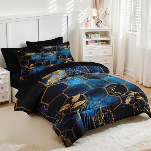 Comforter Set Size, Luxury Geometric Hexagon 7 Pcs Queen Sapphire Marble gallery