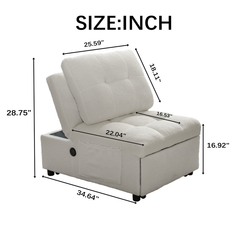 Modern Single Sleeper Sofa Bed with USB Port Armless Adjustable Backrest White gallery
