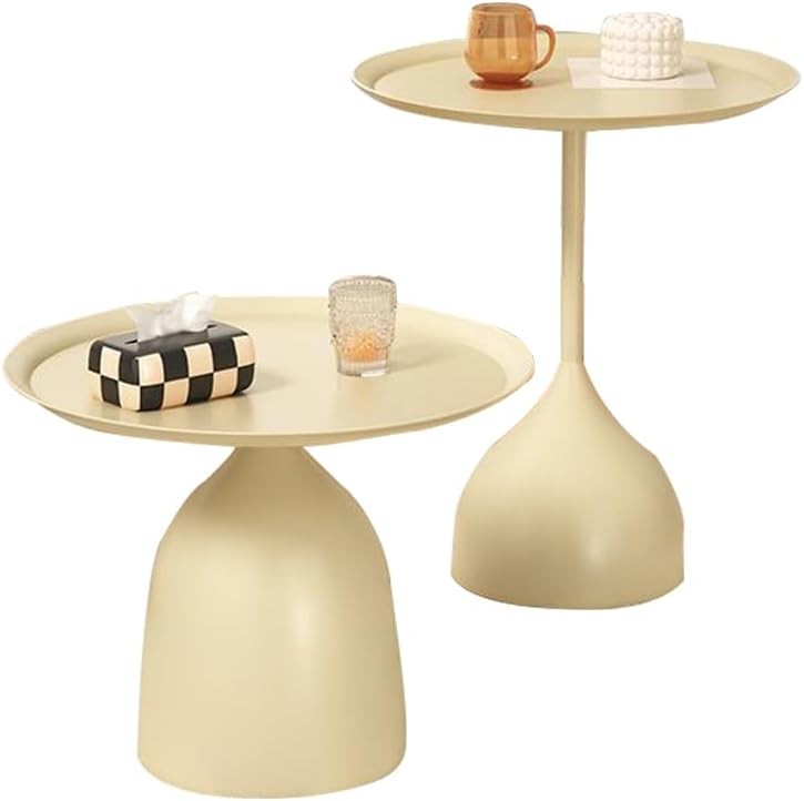 Round Nesting Side Tables Set of 2 Metal Accent Tables Pedestal End Tables Beige gallery