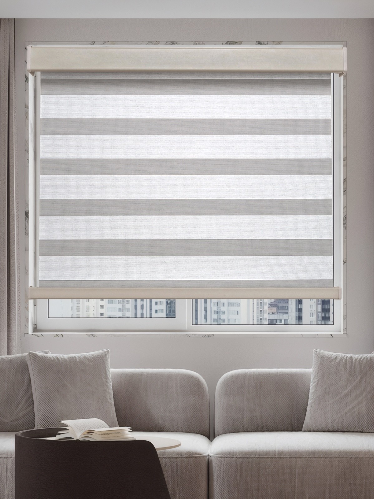 Cordless Zebra Blind Dual Layer Light Filtering Privacy Shades in Gray and Beige gallery