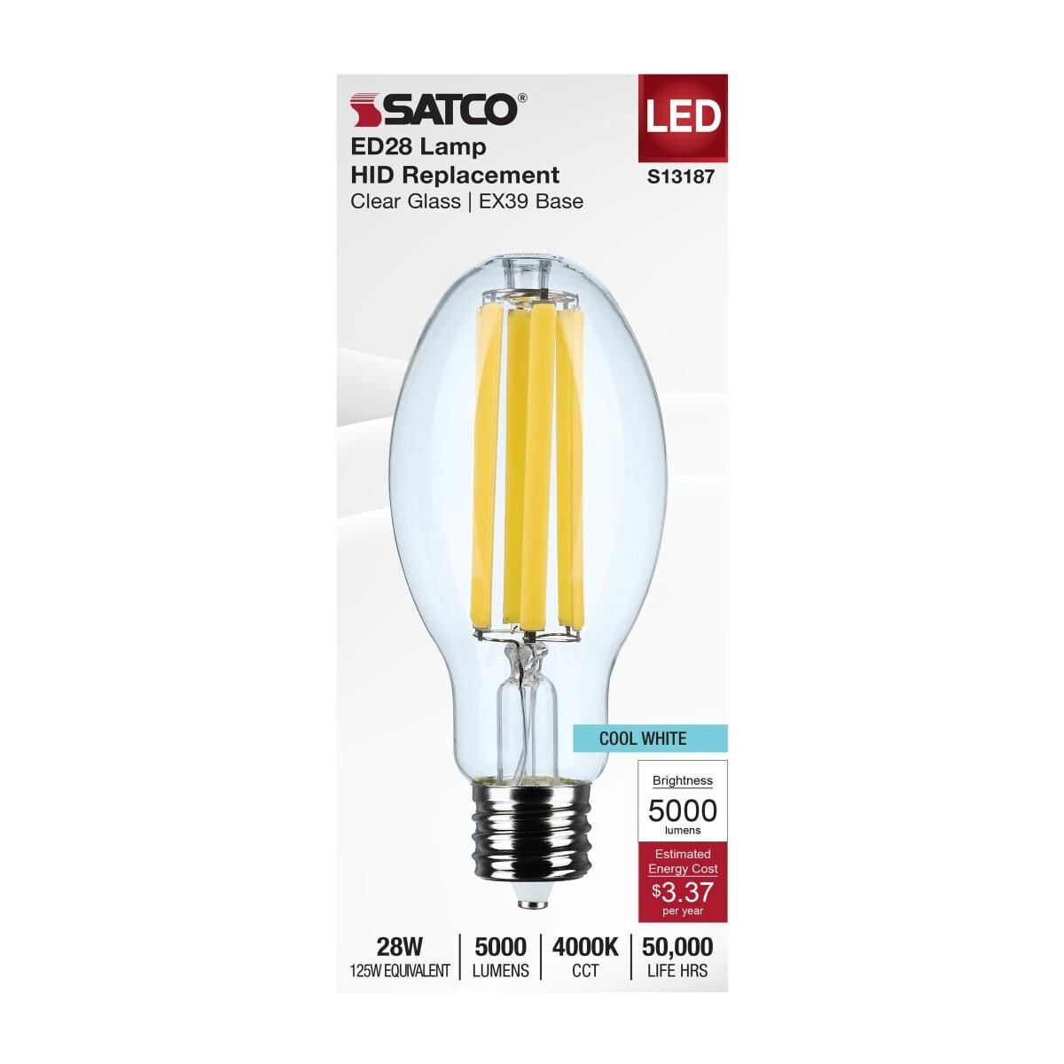 Satco S13187 - 28 Watt LED HID ED28 Replacement Light Bulbs - 4000K (1 or 12 PK) gallery