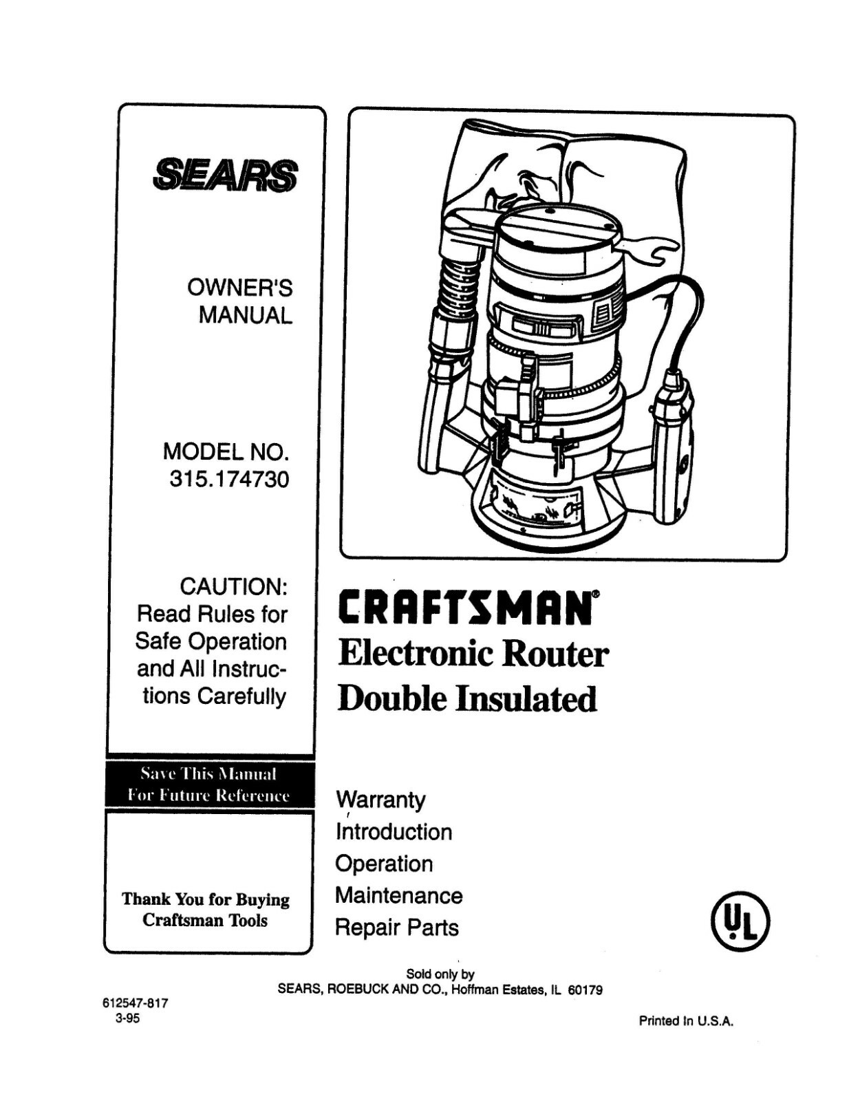 Operator Instruction Manual Fits Craft Router 315.174730 Double Insulated gallery