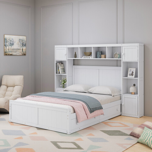 Solid Wood Platform Bed Frames w/ Storage Drawers Bookshelves Bedroom Furniture gallery