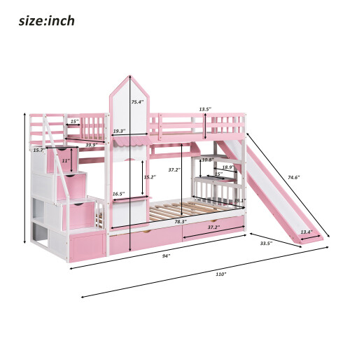 Solid Wood Bunk Bed w/ Slide Storage Drawers Staircases Twin Full Size Bed Frame gallery