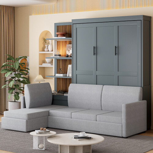 Full Queen Size Murphy Wall Bed with Sofa & Shelves Space Saving Wood Hidden Bed gallery