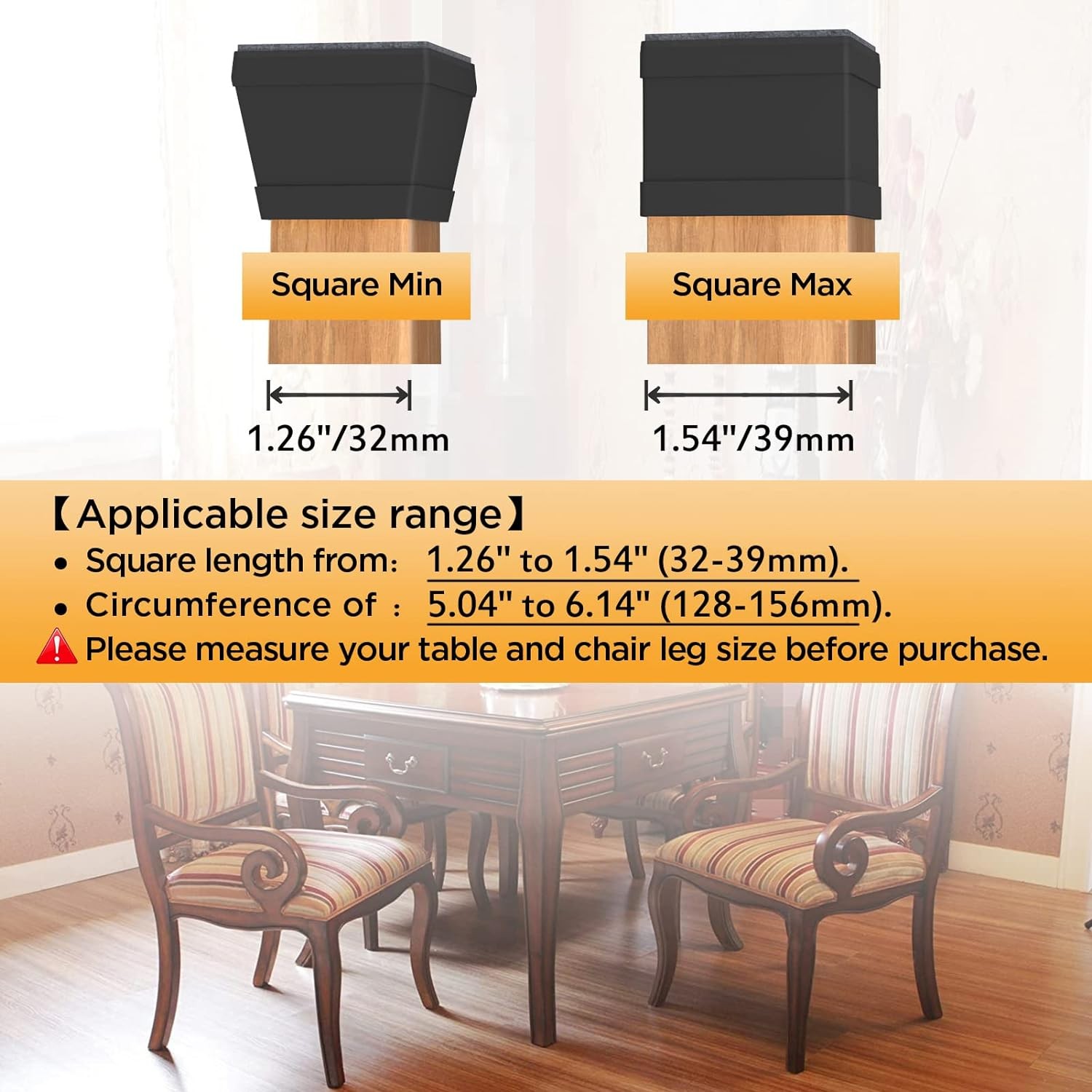 Square Chair Leg Protectors 16 Pack Silicone Felt Floor Pads 1.5 Inch Black gallery