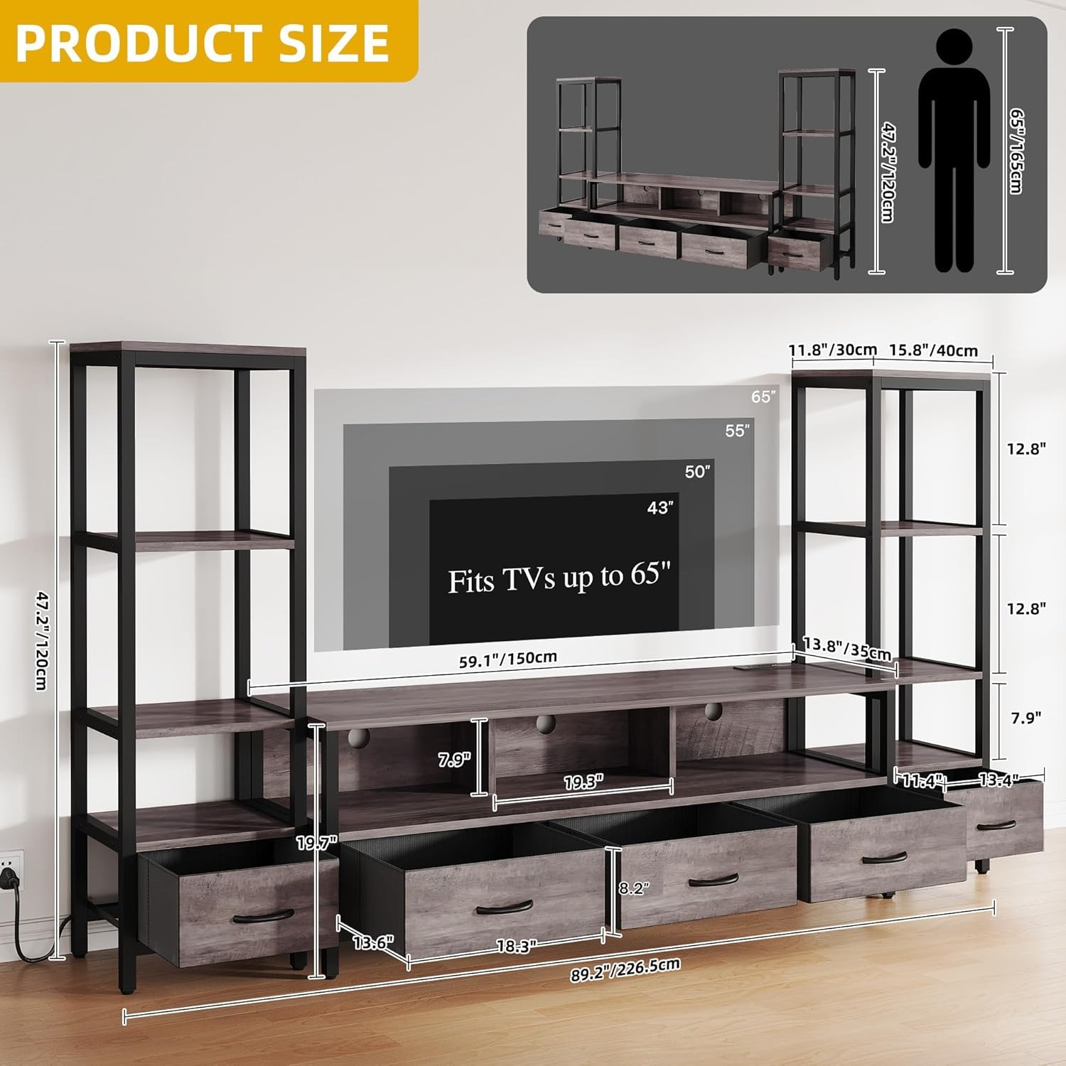 DWVO Grey 65 Inch LED TV Stand with Bookshelves gallery