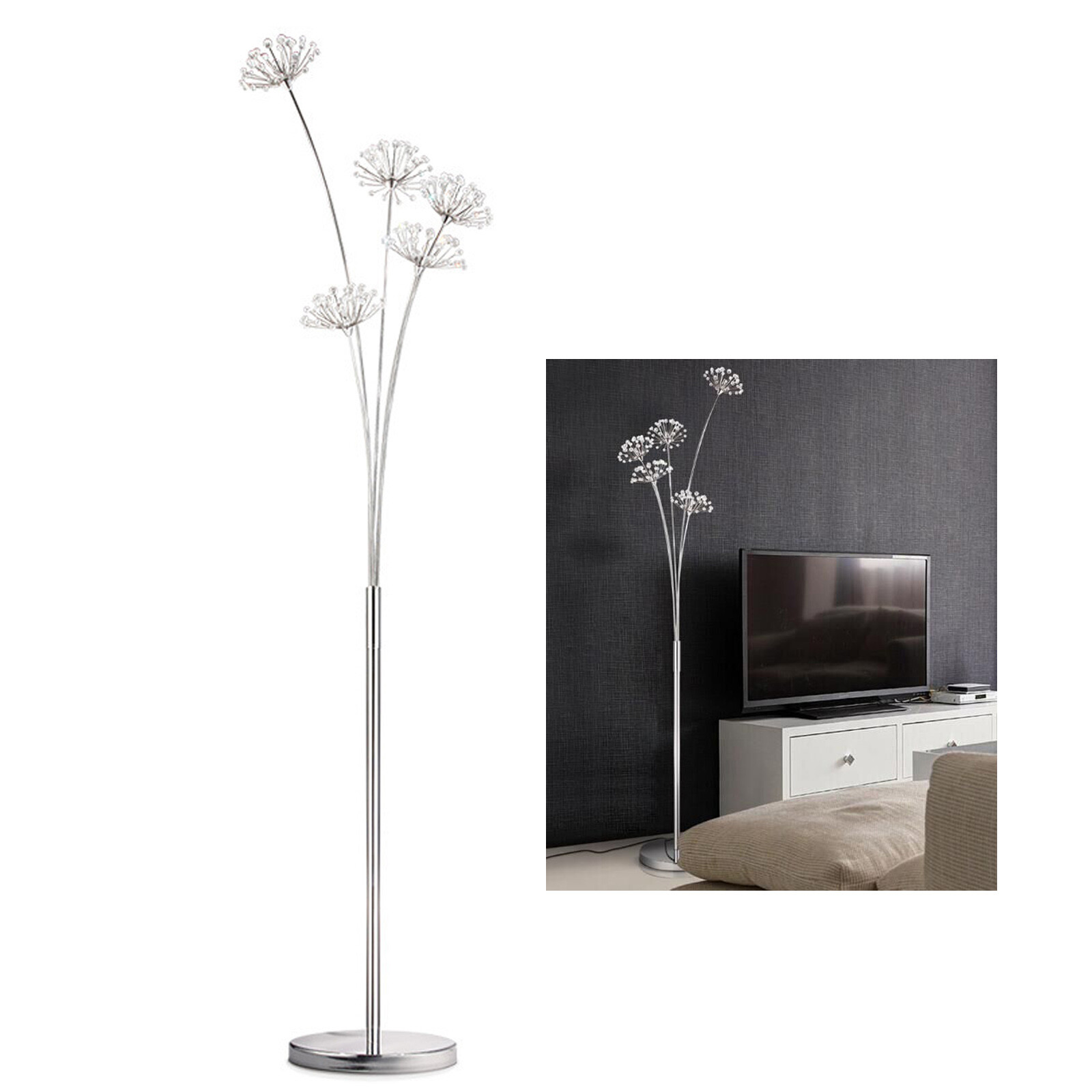 Crystal LED Floor Lamp Living Room Lighting Standing Lamp Tall Pole Shade 5 Head gallery