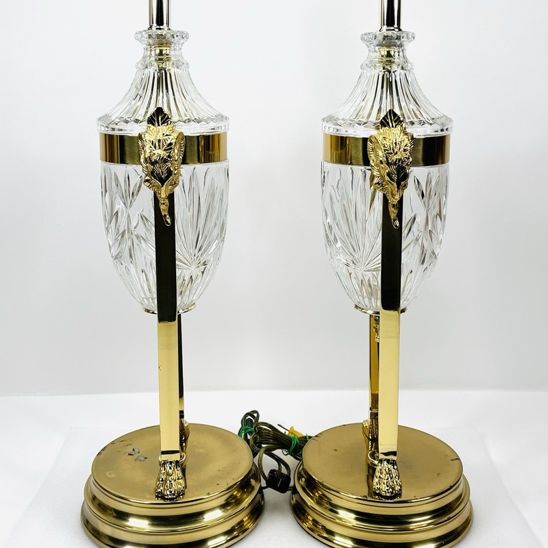 Vintage Regency Rams Head Brass & Crystal Lamps Both Work BEAUTIFUL QUALITY gallery