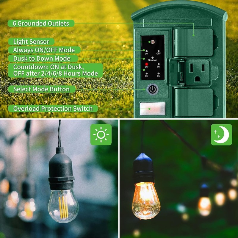 Outdoor Power Stake Timer Extension Cord Waterproof 6 Outlets Remote Control 25' gallery