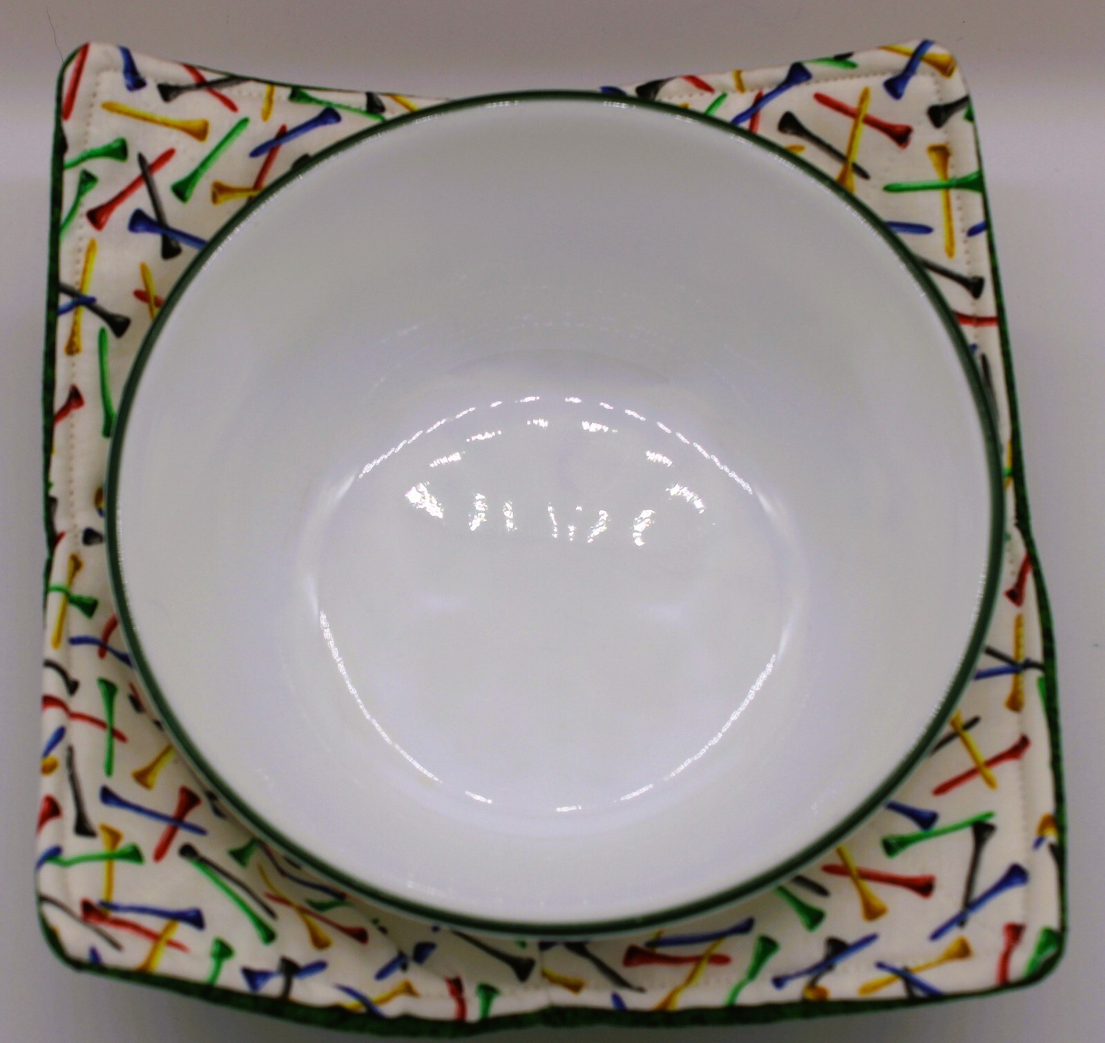Handmade Bowl Cozy – Golf Tee Print with Green Grass Back – Reversible Quilted gallery