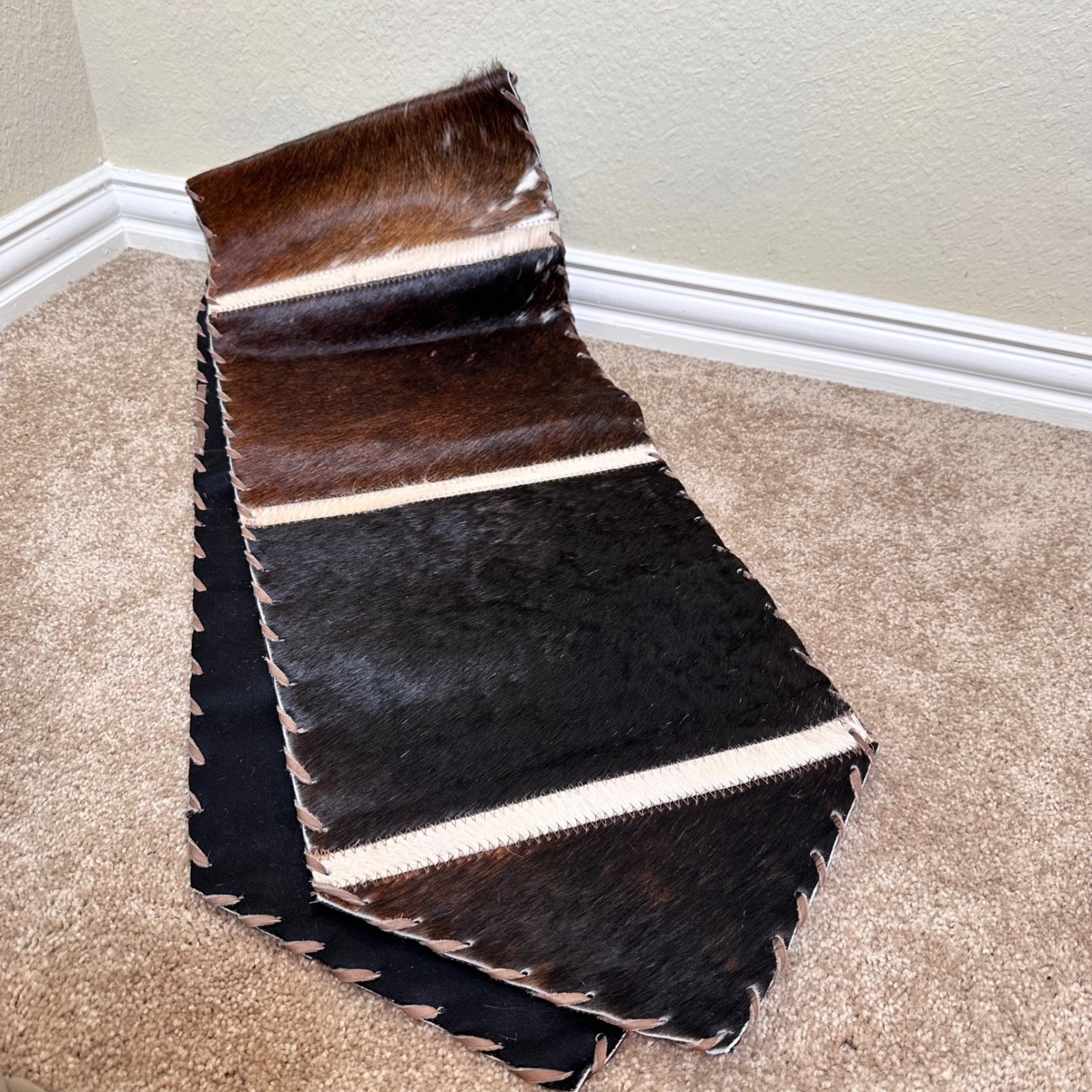 Handmade Genuine Cowhide Patchwork Table Runner Brown Black White 65x11 Rustic gallery