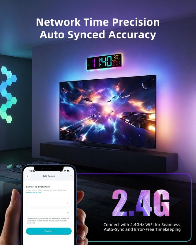Large RGBIC Smart Digital Wall Clock, App Control, LED Display, Music Sync, DIY gallery