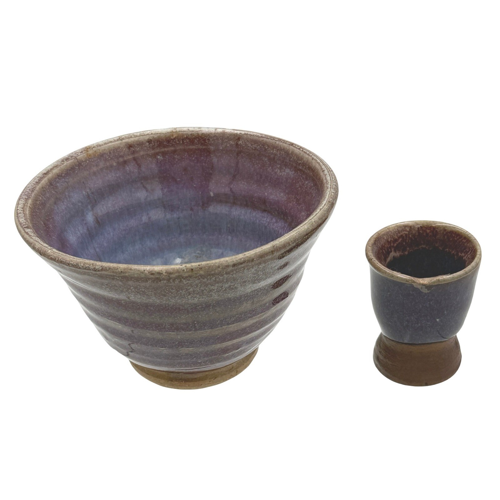 Handmade Studio Pottery Bowl Cup Set Purple Blue Drip Glaze Ceramic Wabi Sabi gallery