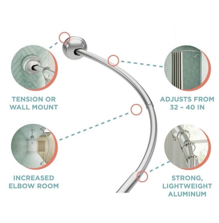 Zenna Home E40S2ALBN Dual Mount Curved Stall Shower Rod, 32"-40" Brushed Nickel gallery