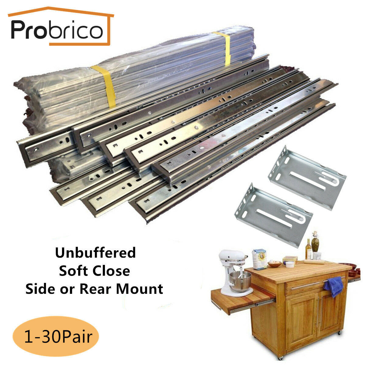 Probrico Full Extension Cabinet Drawer Slides Ball Bearing Soft Close 55lb gallery