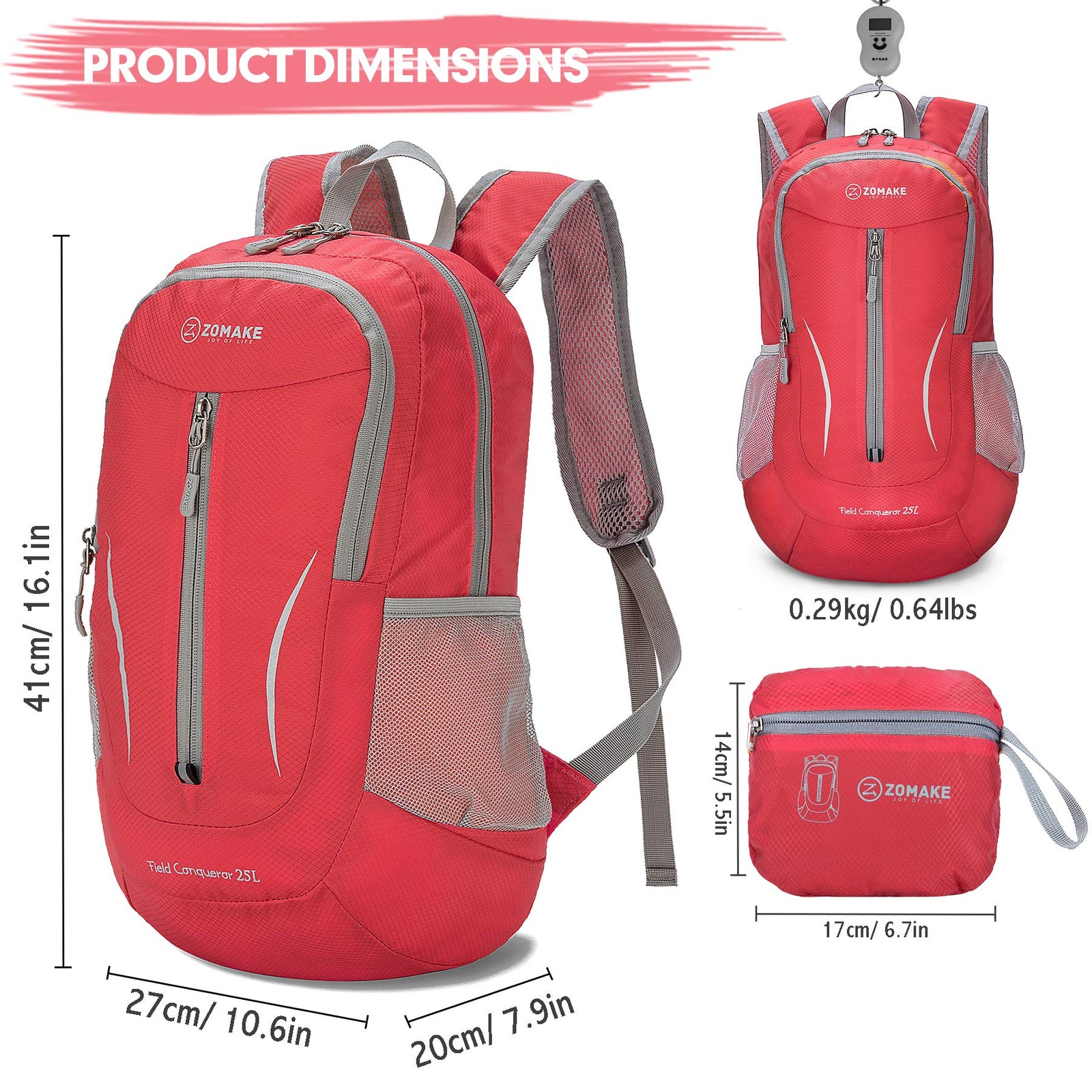 25L Red Ultra Lightweight Packable Backpack Foldable Water Resistant Hiking 2