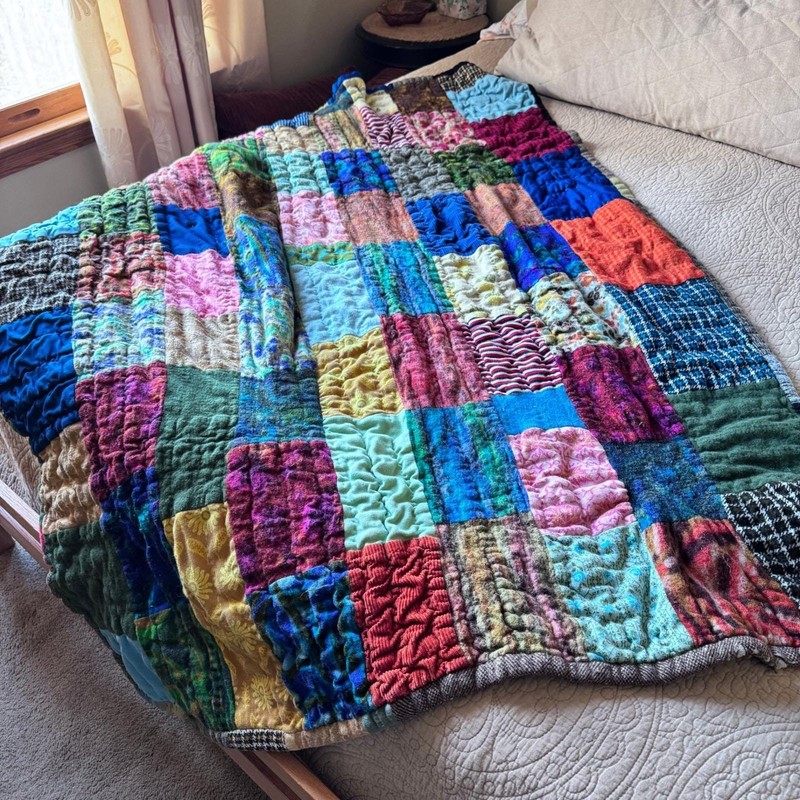 Patchwork Quilt Unique Vintage Handmade Blanket Cozy Bohemian Eclectic Colorful gallery