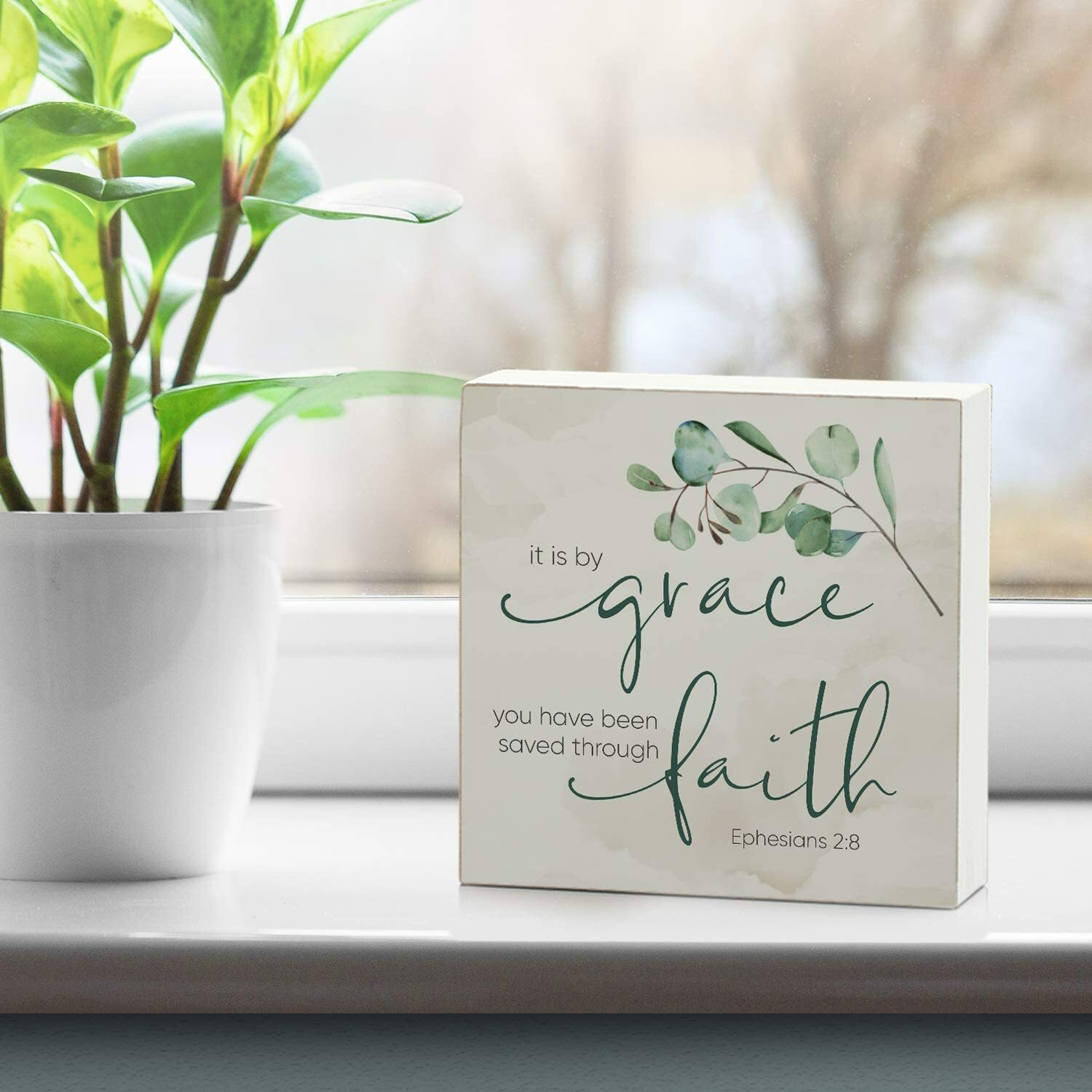 Counterart Wood Block Décor Message by Grace Saved Through Faith Sign, 3.75 inch gallery