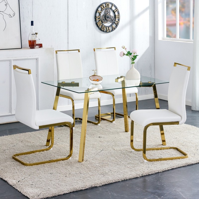 Modern Rectangular Glass Dining Table with Golden Legs 51x31.5x29.5in gallery