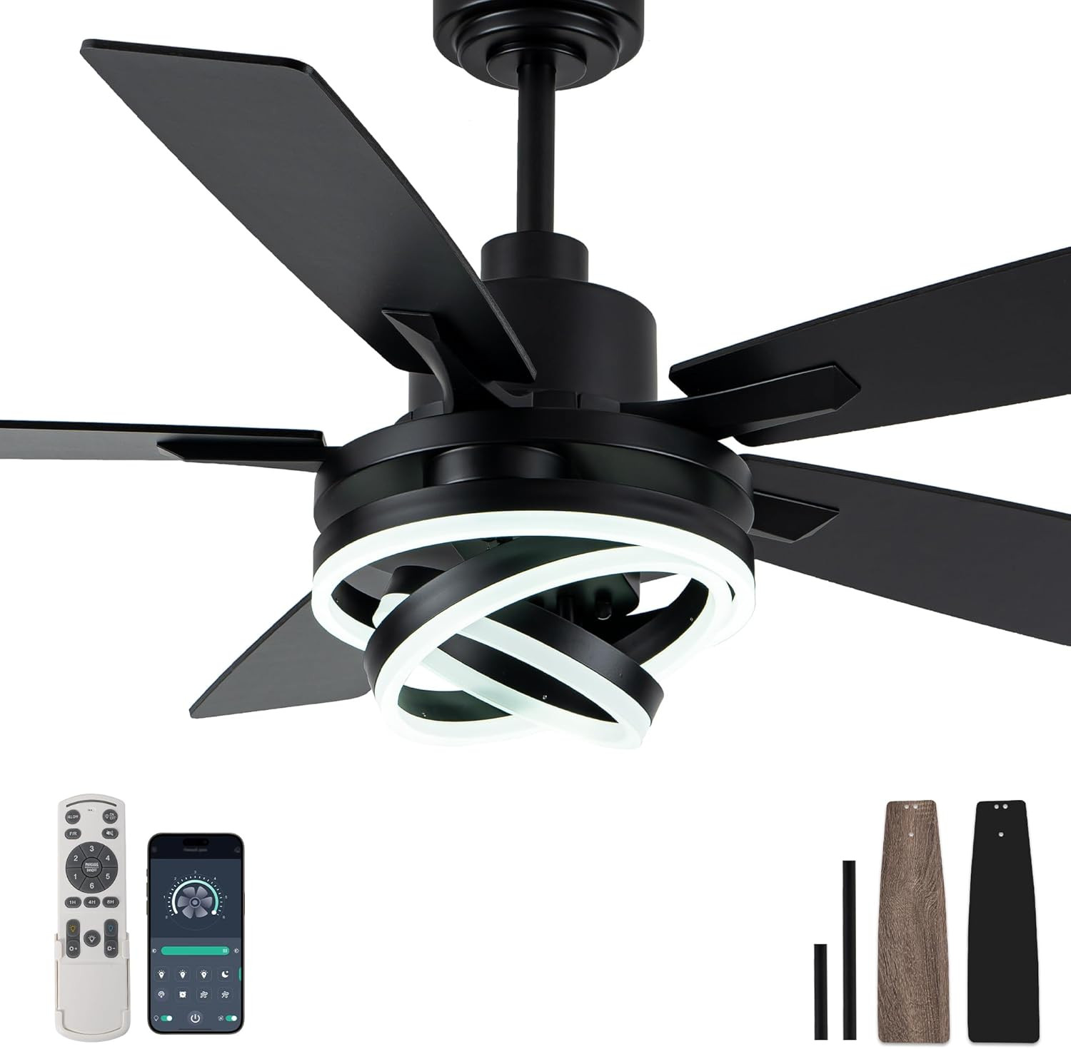52" Modern Black Ceiling Fan with Light & Remote for Home & Office gallery