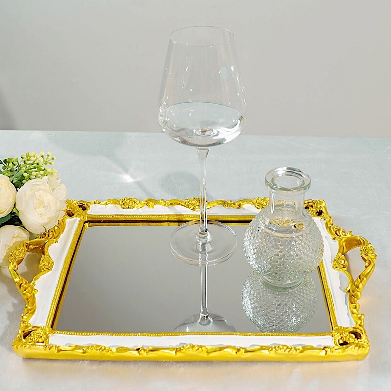 15"x10" Metallic WHITE GOLD Rectangular Mirror SERVING TRAY Handles Party gallery