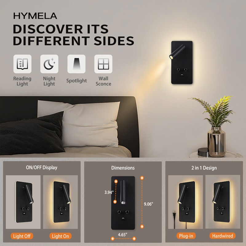 Plug in LED Wall Sconce Backlighting Dimmable Reading Spot Bedside Lamp USB Port gallery