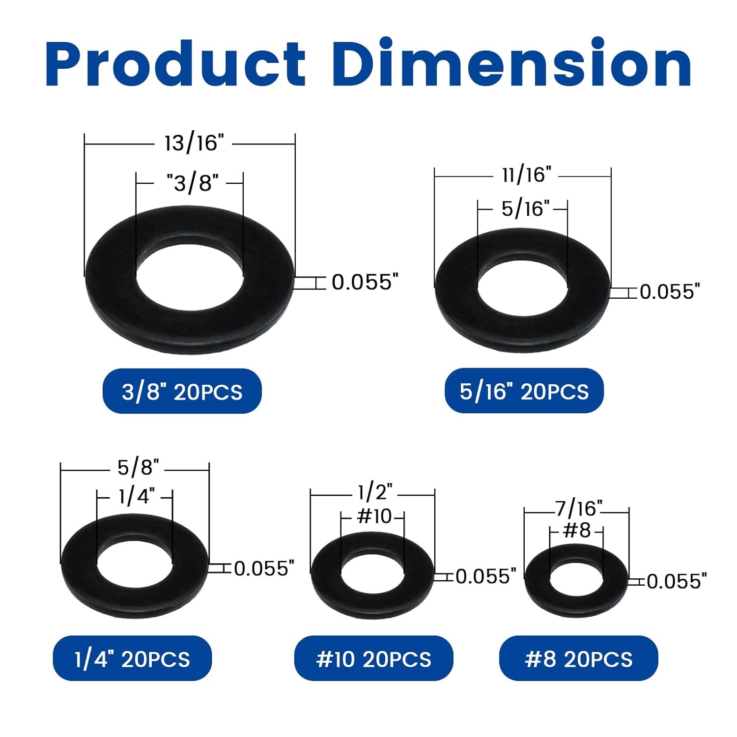100 Pcs 5 Sizes Washers Assortment Kit, Black 304 5 Sizes-Black 100pcs gallery