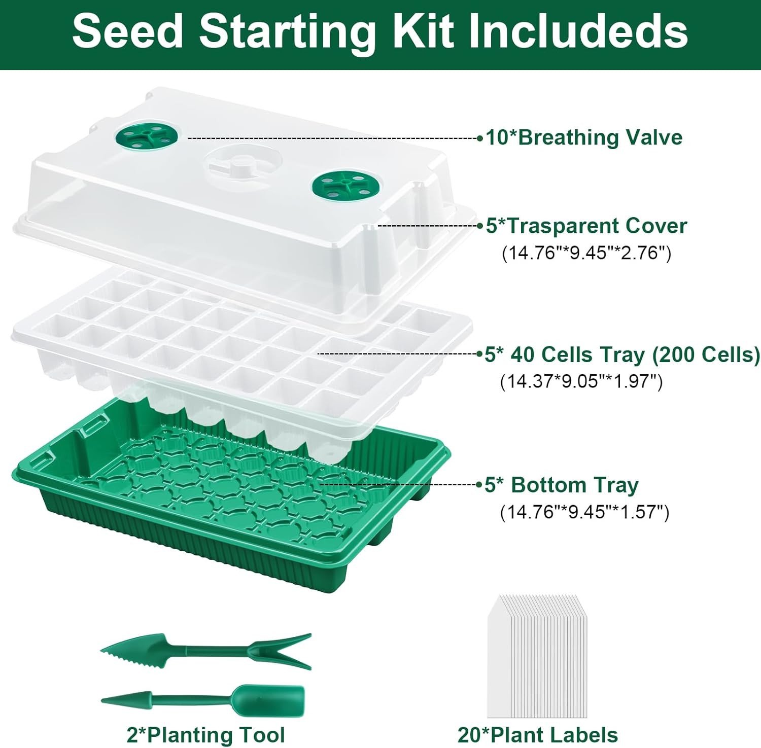 5 Pack Seed Starter Tray Seed Starter Kit (200 Cells Total Tray) with Adjustable gallery