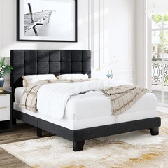 Stylish Queen Size Panel Bed Frame with Adjustable Dark Grey Upholstered Headboa