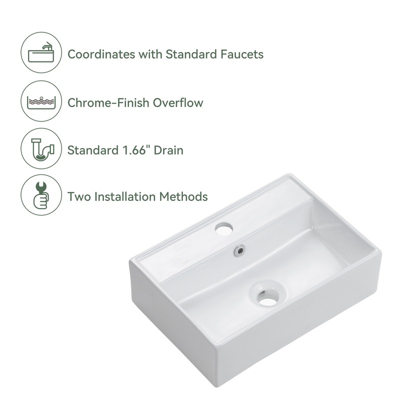 White Ceramic Rectangular Wall Mount Floating Bathroom Vessel Sink 17.7"x 12.2" gallery