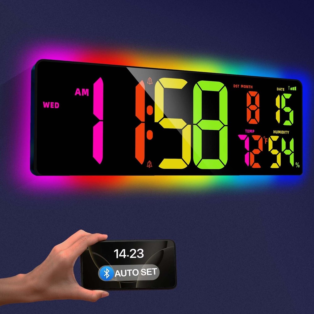 Large Digital Wall Clock 16.5", Count Down Timer, Bluetooth Sync Time, Alarm,...