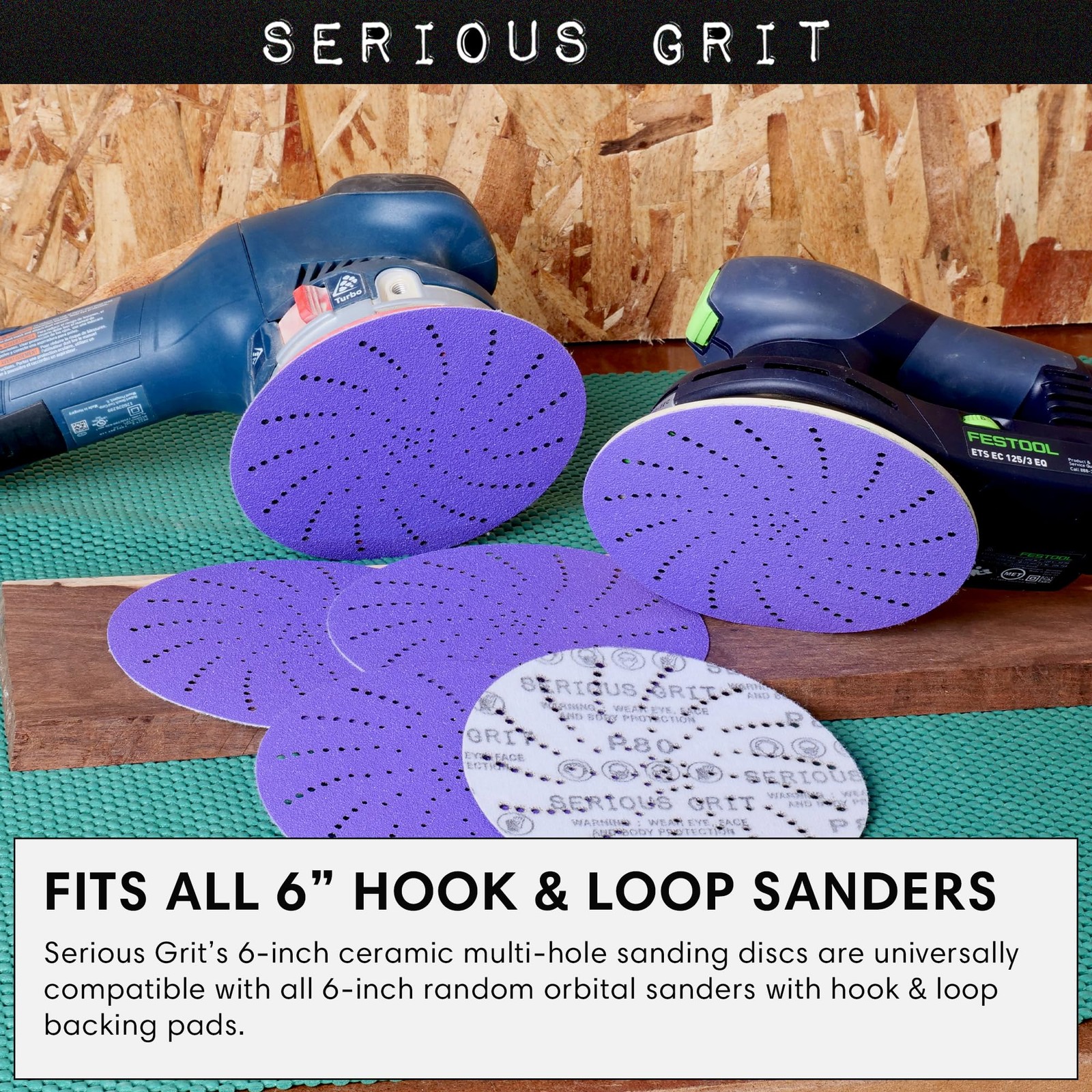 Serious Grit 6" 150 Grit Ceramic Multi-Hole Hook & Loop Sanding Discs gallery