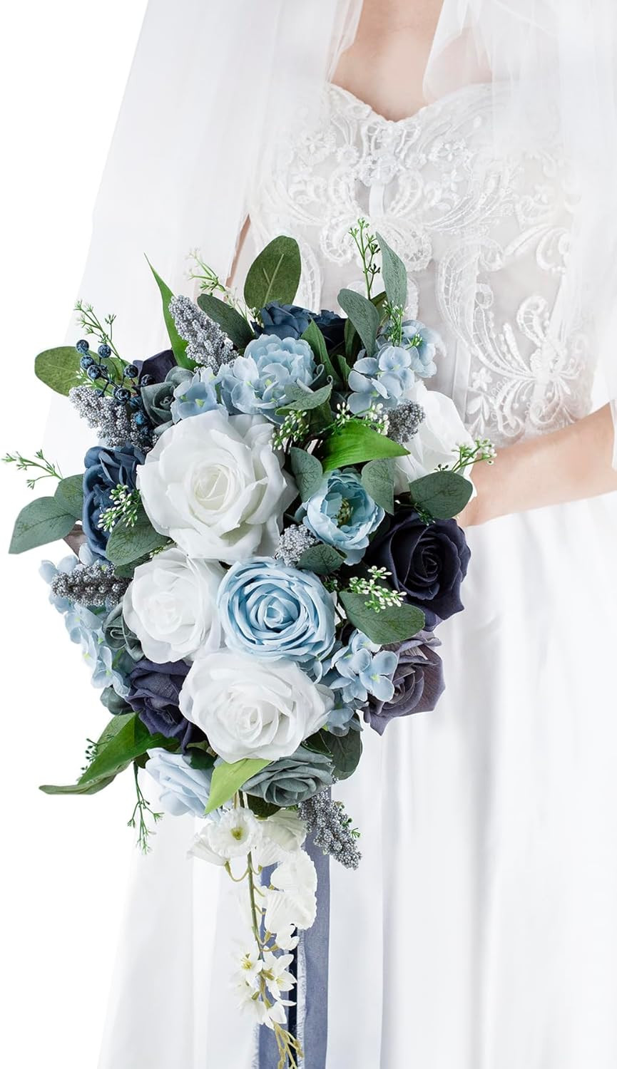 10 Inch Dusty Blue Wedding Bouquets for Bride Artificial Roses Flower Cascading gallery