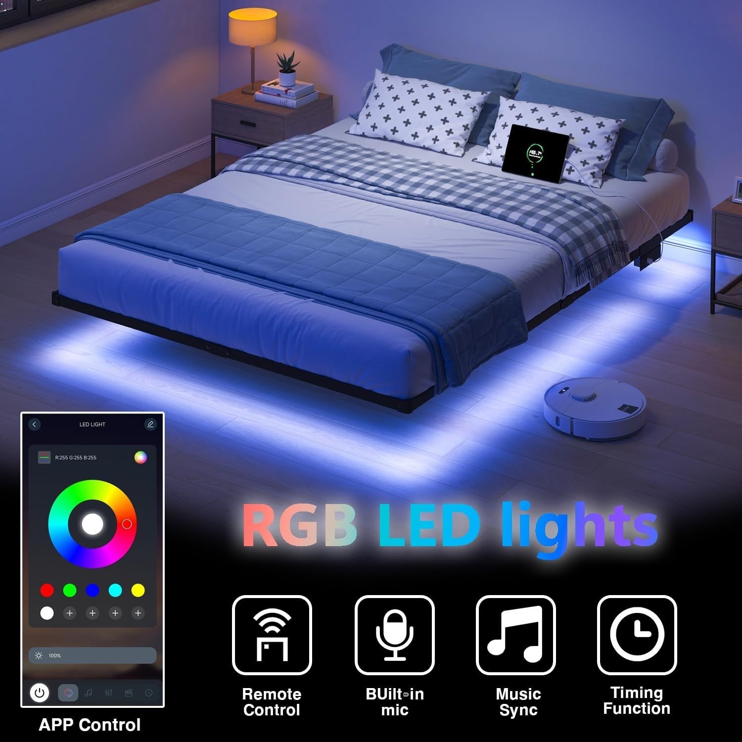 Queen Bed Frame with LED Lights & Charging Station Floating Platform No Box Spri gallery