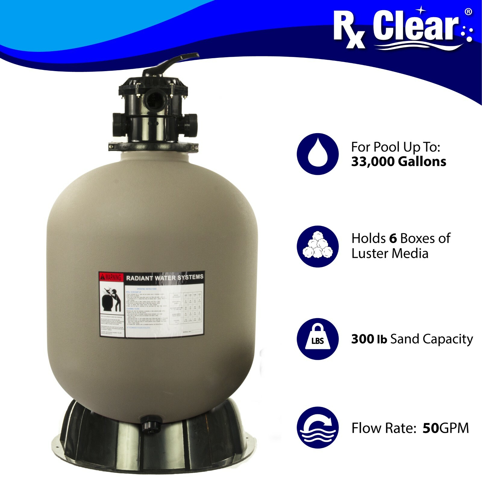 Rx Clear Radiant 24" Inch In-Ground Swimming Pool Sand Filter w/ 6-Way Valve gallery
