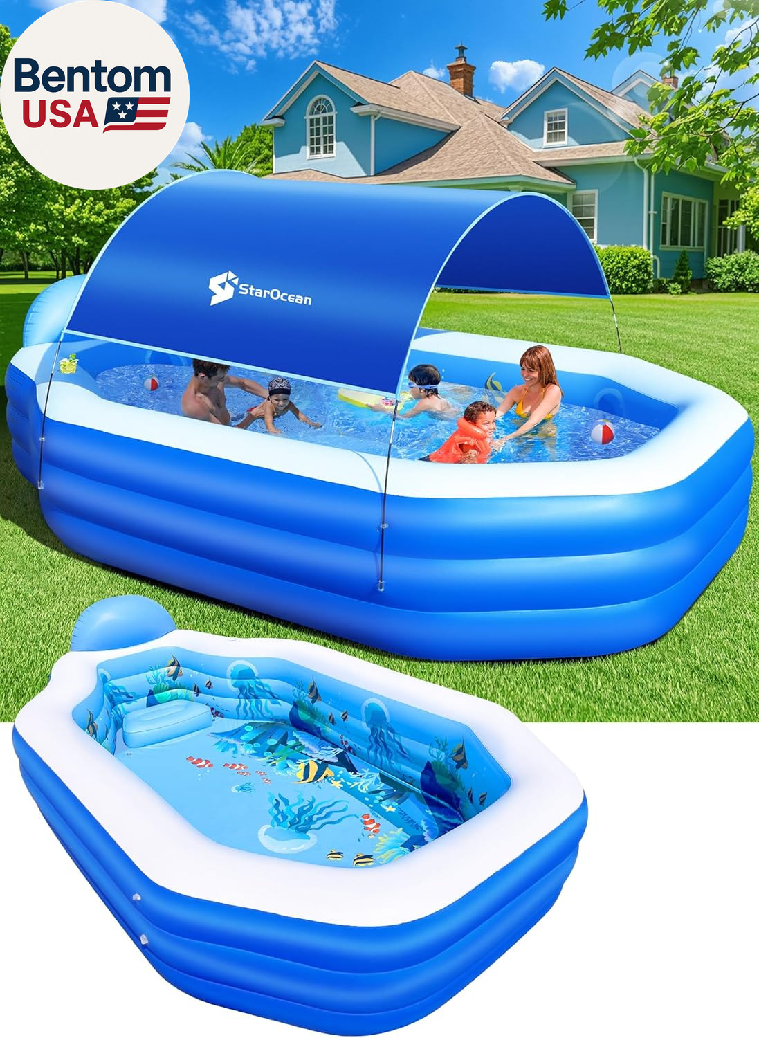 Inflatable Pool with Canopy, Large Inflatable Swimming Pool for Kids,Adult, Blow gallery